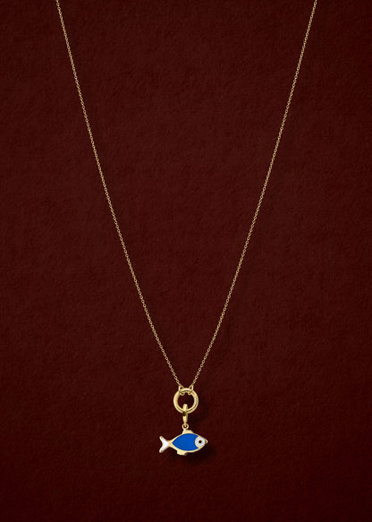Golden Grace Fishy Wishes Charm Necklace in full view, showcasing a 14K solid gold cable chain, golden charm holder, and fishy wishes charm with vibrant enamel by whywhy NYC.