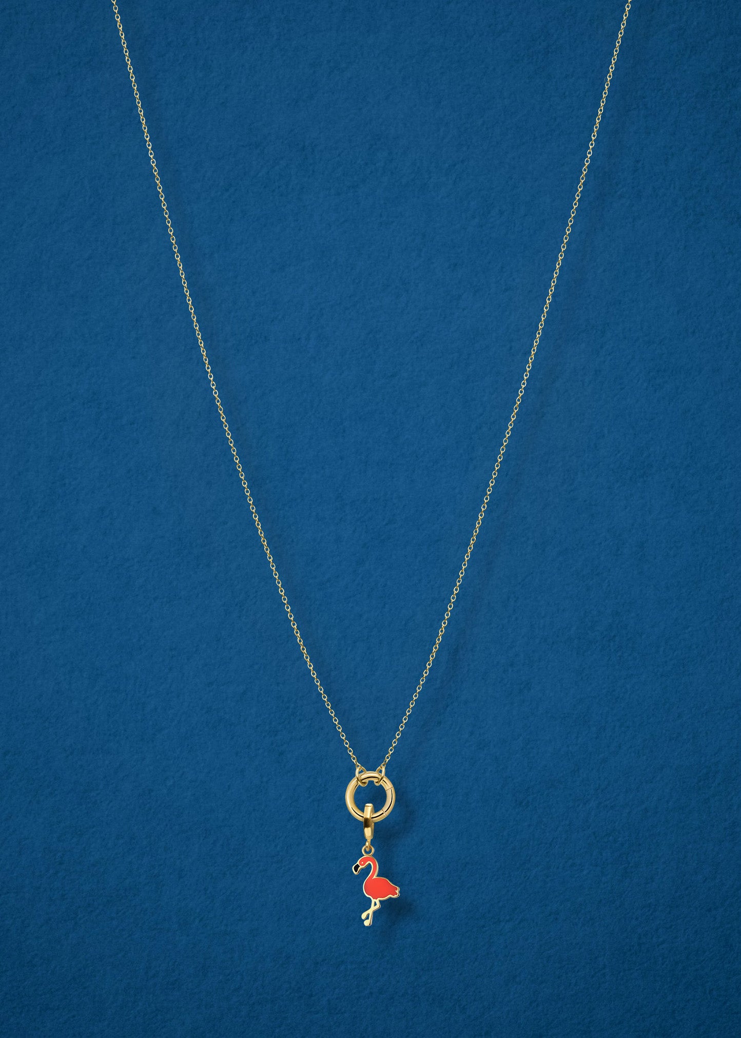 Golden Grace Flamingo Flair Charm Necklace in full view, showcasing a 14K solid gold cable chain, golden charm holder, and flamingo flair charm with vibrant orange enamel by whywhy NYC.
