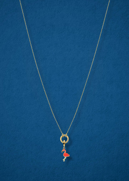 Golden Grace Flamingo Flair Charm Necklace in full view, showcasing a 14K solid gold cable chain, golden charm holder, and flamingo flair charm with vibrant orange enamel by whywhy NYC.