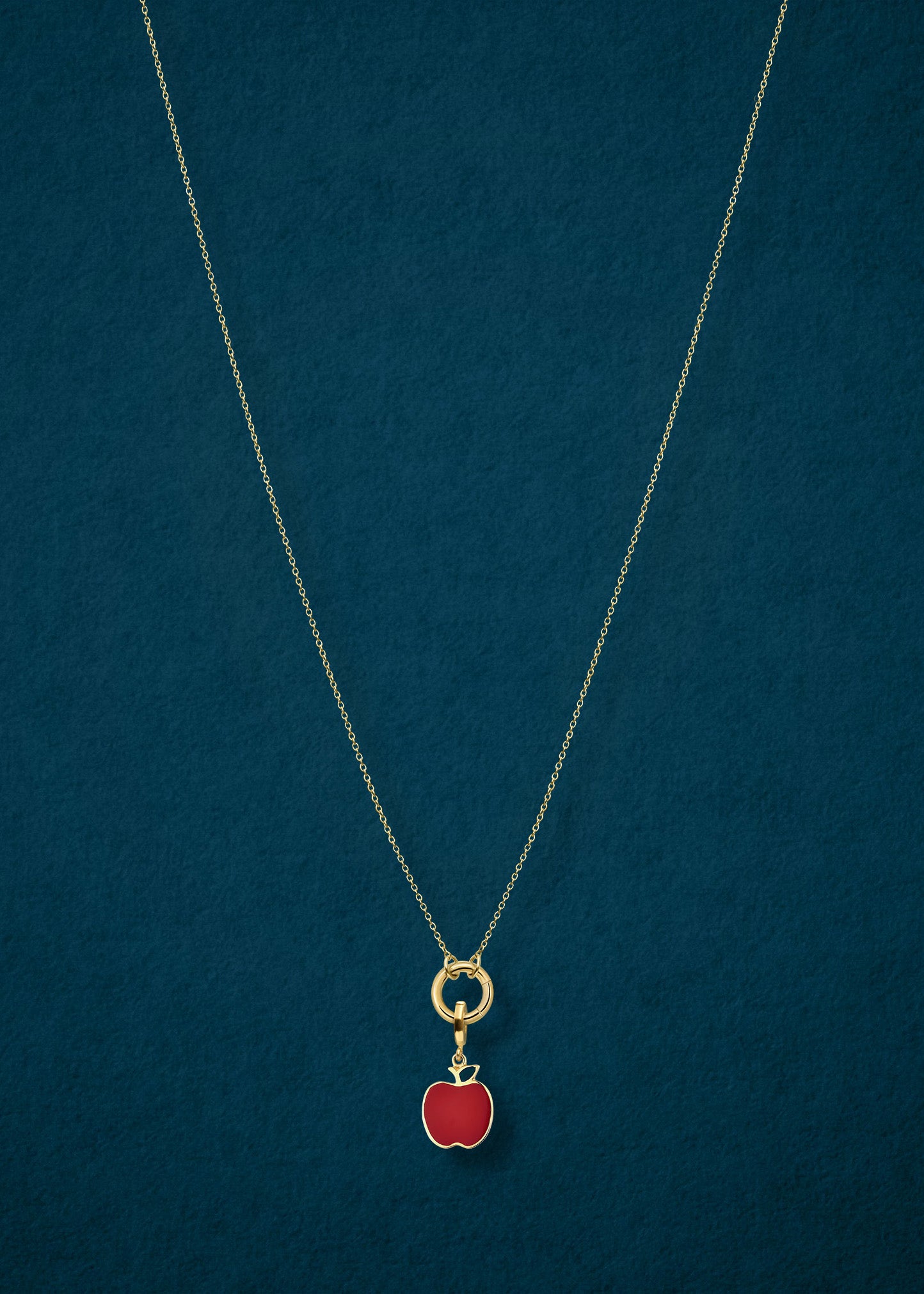 Golden Grace Apple Charm Necklace in full view, showcasing a 14K solid gold cable chain, golden link charm holder, and golden apple of NYC charm with red enamel by whywhy NYC.