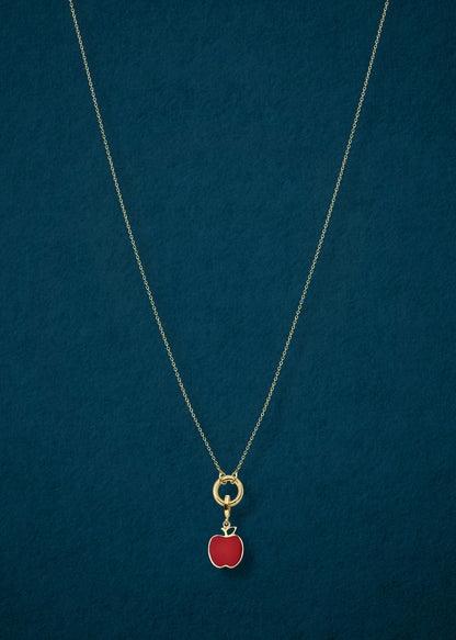 Golden Grace Apple Charm Necklace in full view, showcasing a 14K solid gold cable chain, golden link charm holder, and golden apple of NYC charm with red enamel by whywhy NYC.