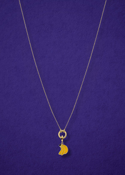 Golden Grace Banana Bliss Charm Necklace in full view, showcasing a 14K solid gold cable chain, golden link charm holder, and banana bliss charm with yellow enamel by whywhy NYC.