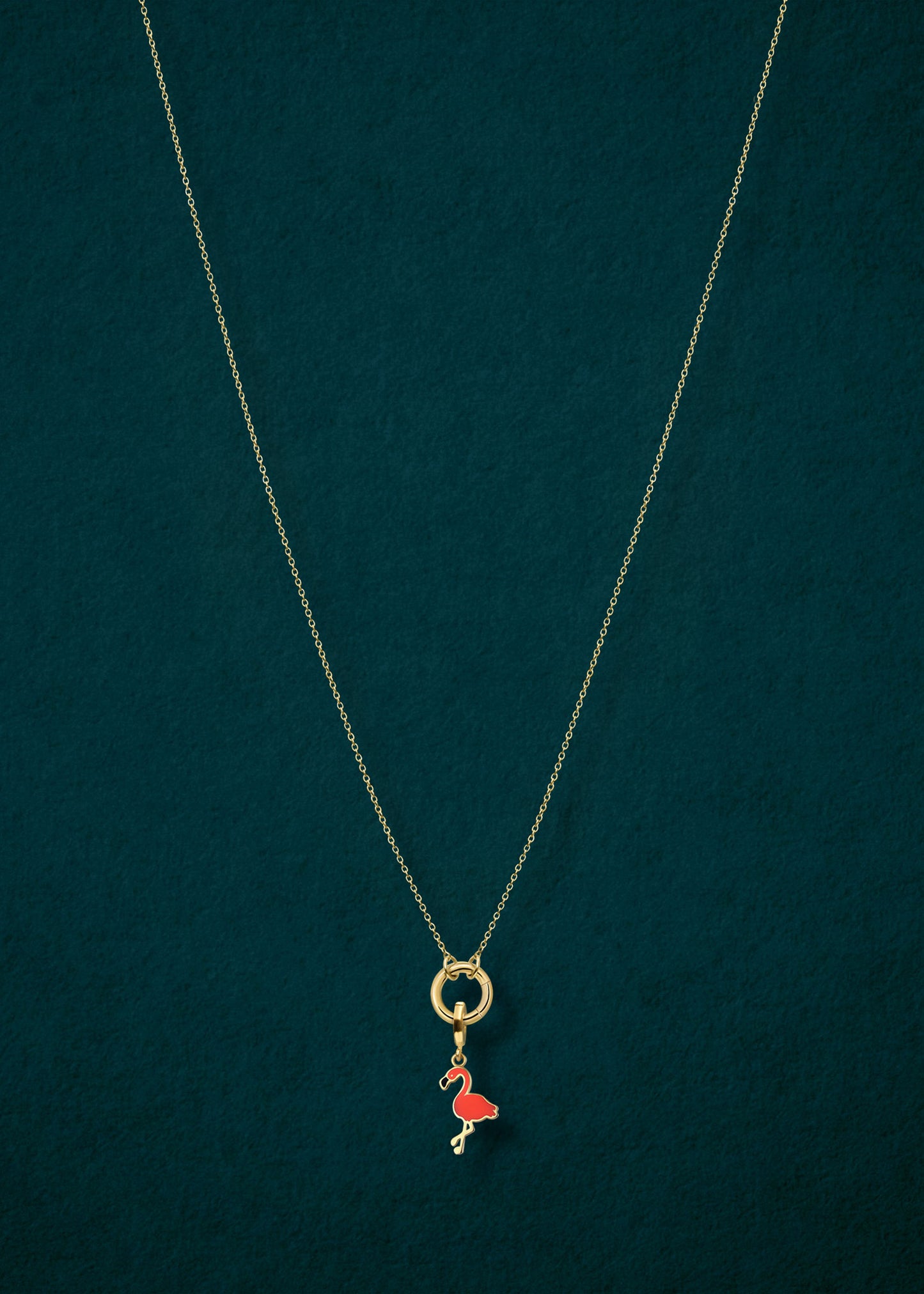 Golden Grace Cable Chain and Flamingo Flair Charm connected with a 14K solid gold charm holder by whywhy NYC for a playful, tropical style.