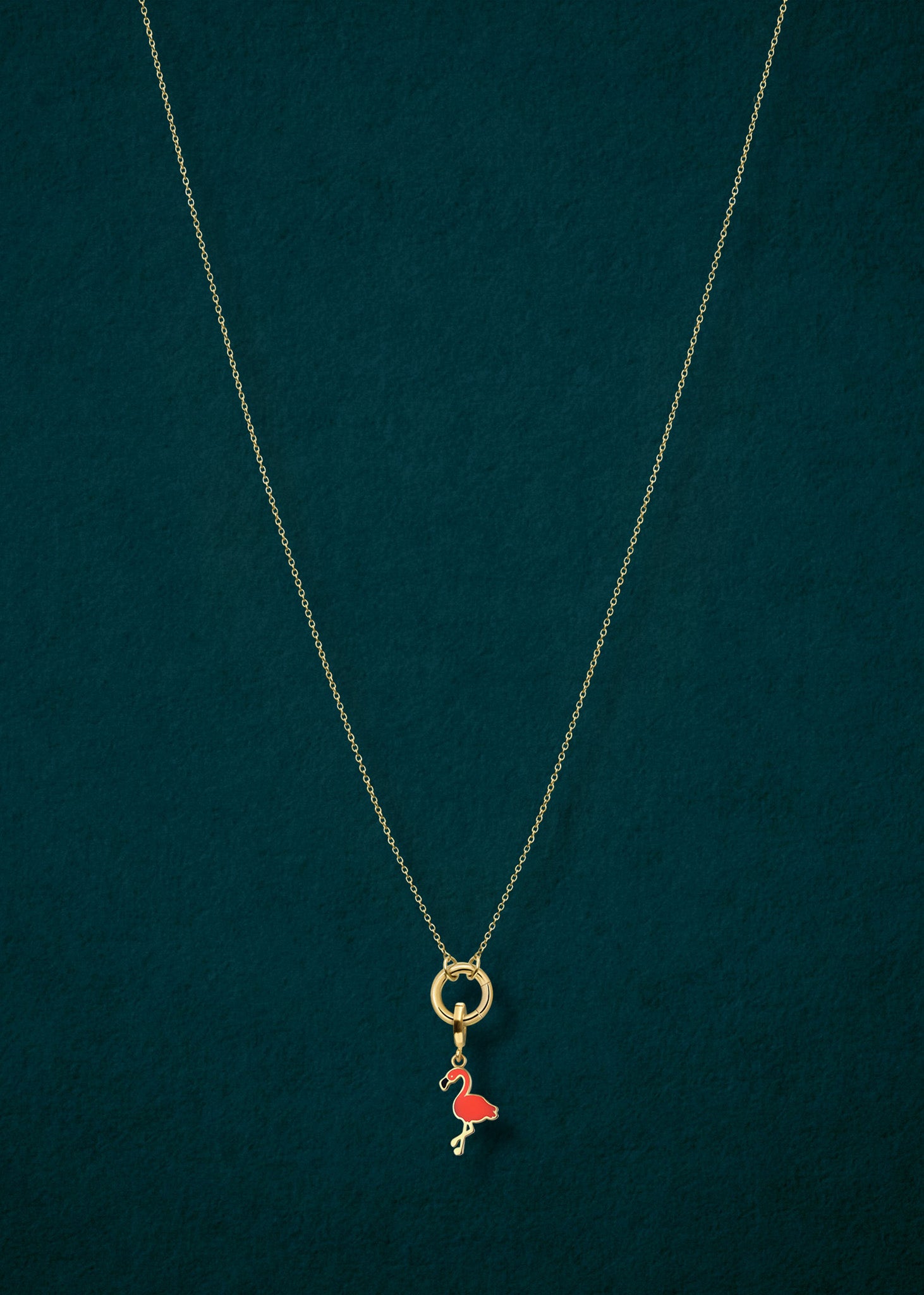 Golden Grace Cable Chain and Flamingo Flair Charm connected with a 14K solid gold charm holder by whywhy NYC for a playful, tropical style.