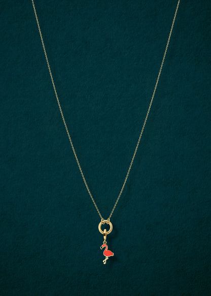 Golden Grace Cable Chain and Flamingo Flair Charm connected with a 14K solid gold charm holder by whywhy NYC for a playful, tropical style.