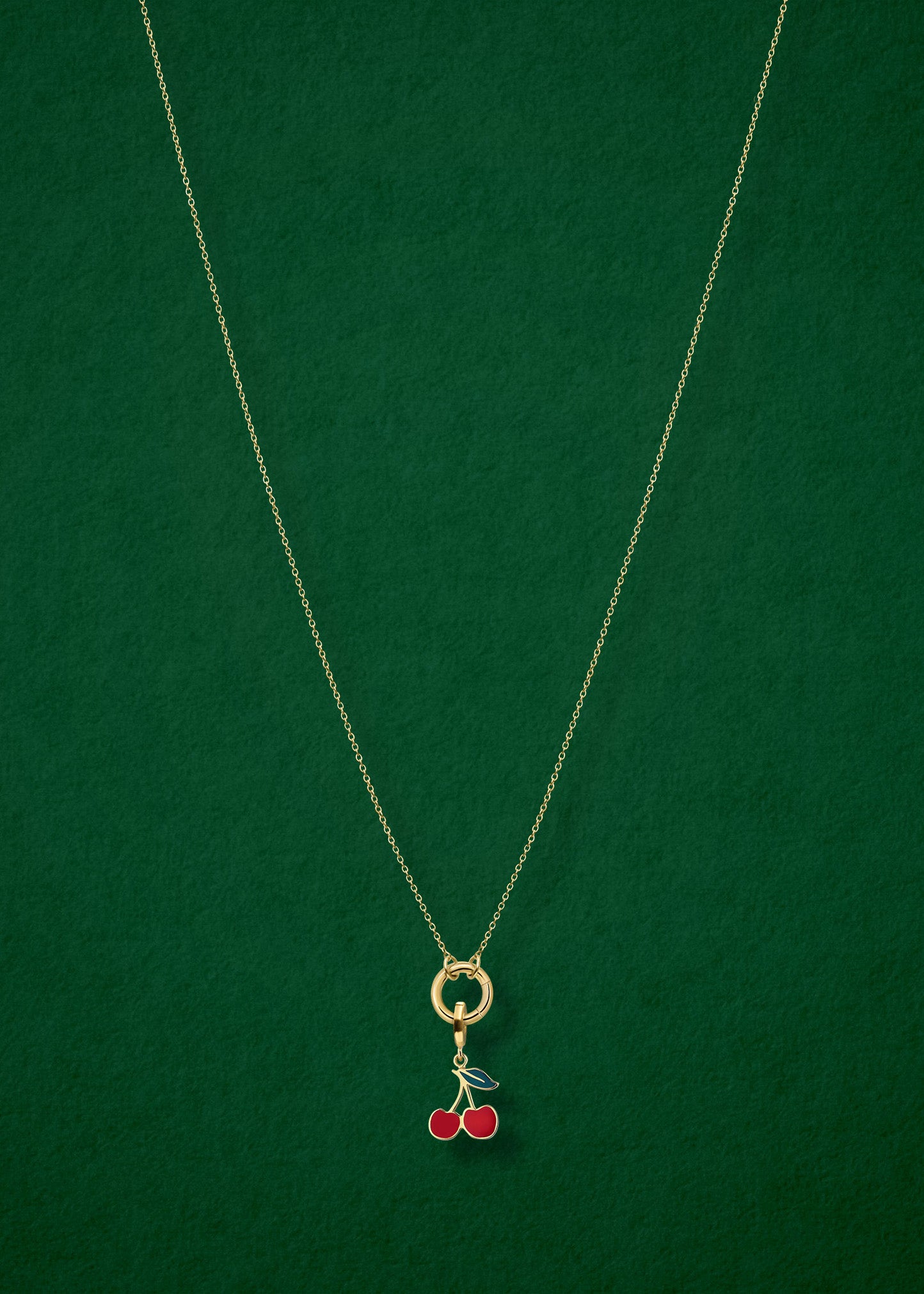Golden Grace Cherry on Top Charm Necklace in full view, showcasing a 14K solid gold cable chain, golden link charm holder, and cherry on top charm with red enamel by whywhy NYC.