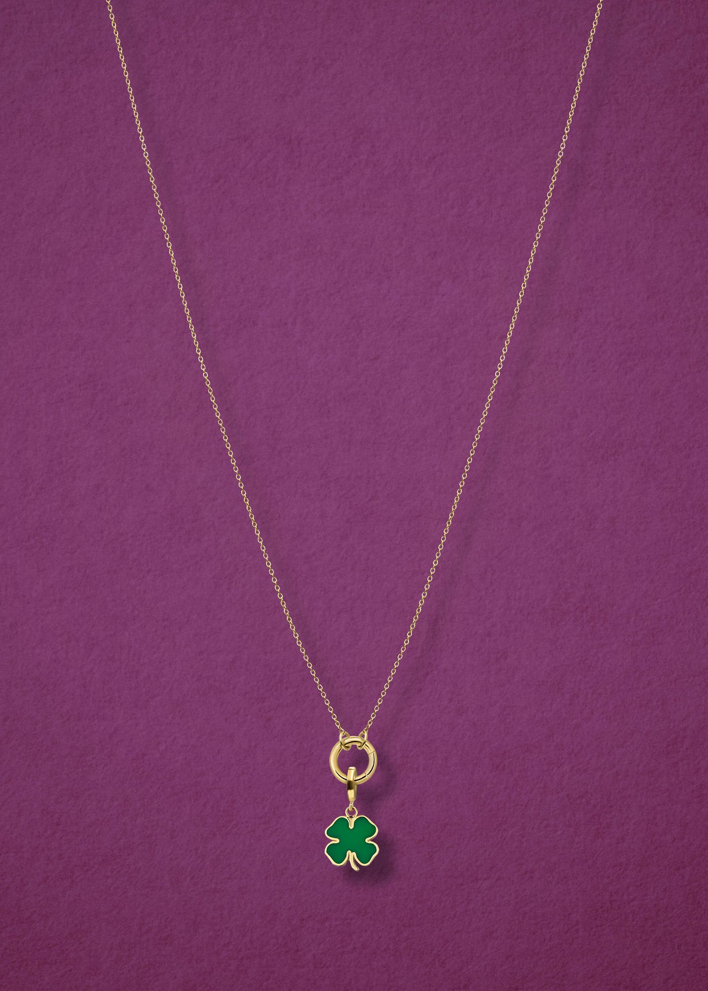 Golden Grace Lucky Clover Charm Necklace in full view, showcasing a 14K solid gold cable chain, golden link charm holder, and lucky clover charm with green enamel by whywhy NYC.