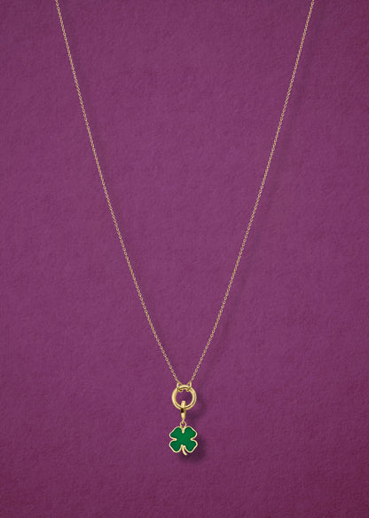 Golden Grace Lucky Clover Charm Necklace in full view, showcasing a 14K solid gold cable chain, golden link charm holder, and lucky clover charm with green enamel by whywhy NYC.