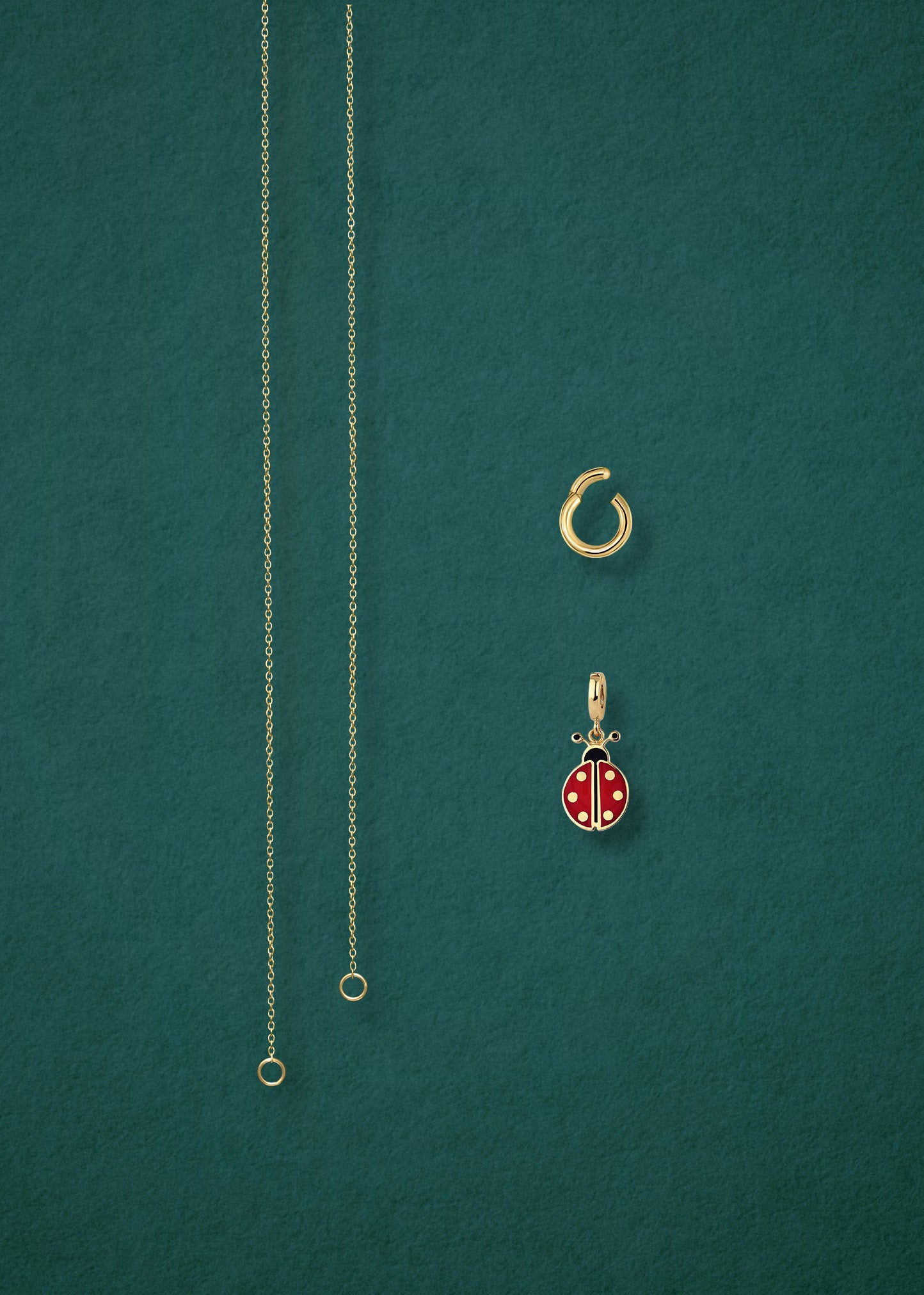 Separated components of the Golden Grace Lucky Ladybird Charm Necklace, including 14K solid gold cable chain, golden charm holder, and lucky ladybird charm with red and black enamel by whywhy NYC.