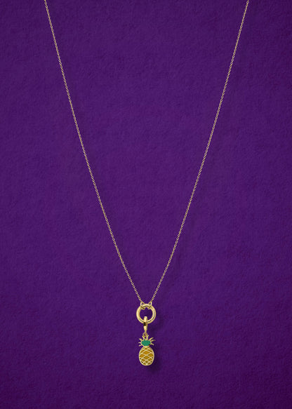 Golden Grace Pineapple Paradise Charm Necklace in full view, showcasing a 14K solid gold cable chain, golden link charm holder, and pineapple paradise charm with green enamel by whywhy NYC.