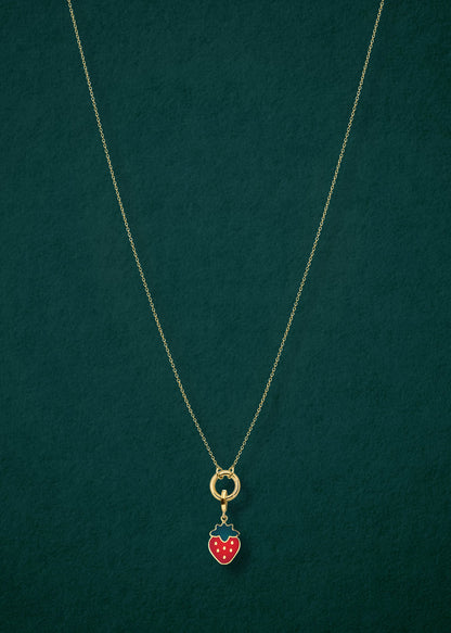 Golden Grace Sweet Strawberry Charm Necklace in full view, showcasing a 14K solid gold cable chain, golden charm holder, and sweet strawberry charm with red enamel by whywhy NYC.
