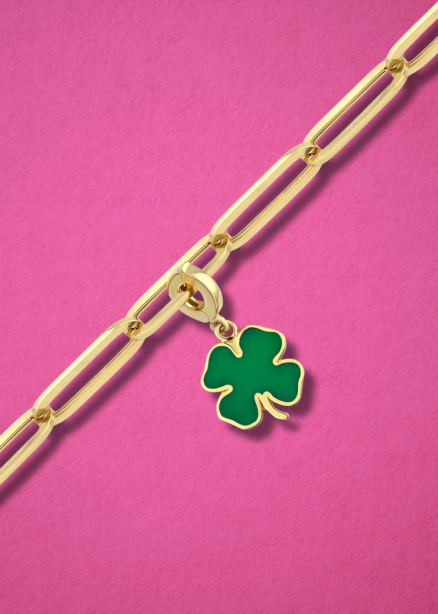 Lucky Clover Charm in 14K gold and green enamel on chain, lucky clover charm necklace by whywhy NYC.