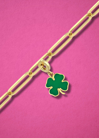 Lucky Clover Charm in 14K gold and green enamel on chain, lucky clover charm necklace by whywhy NYC.