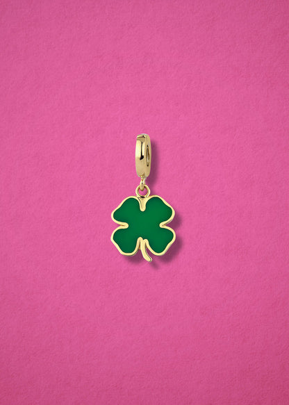 Lucky Clover Charm in 14K solid gold with green enamel by whywhy NYC, four-leaf clover charm for good fortune.
