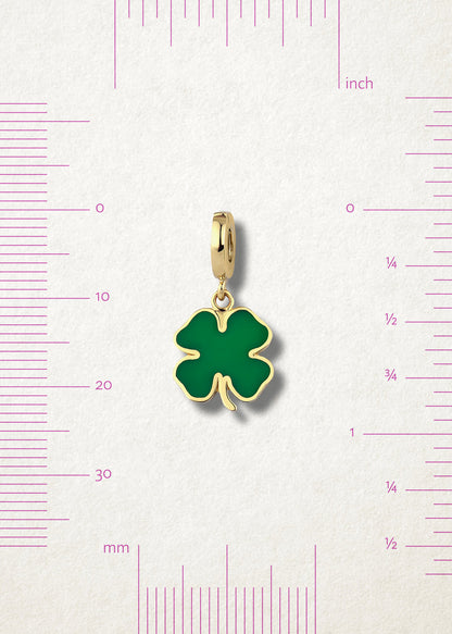 Measurement view of Lucky Clover Charm by whywhy NYC, 14K gold and green enamel, approx. 23mm in length.