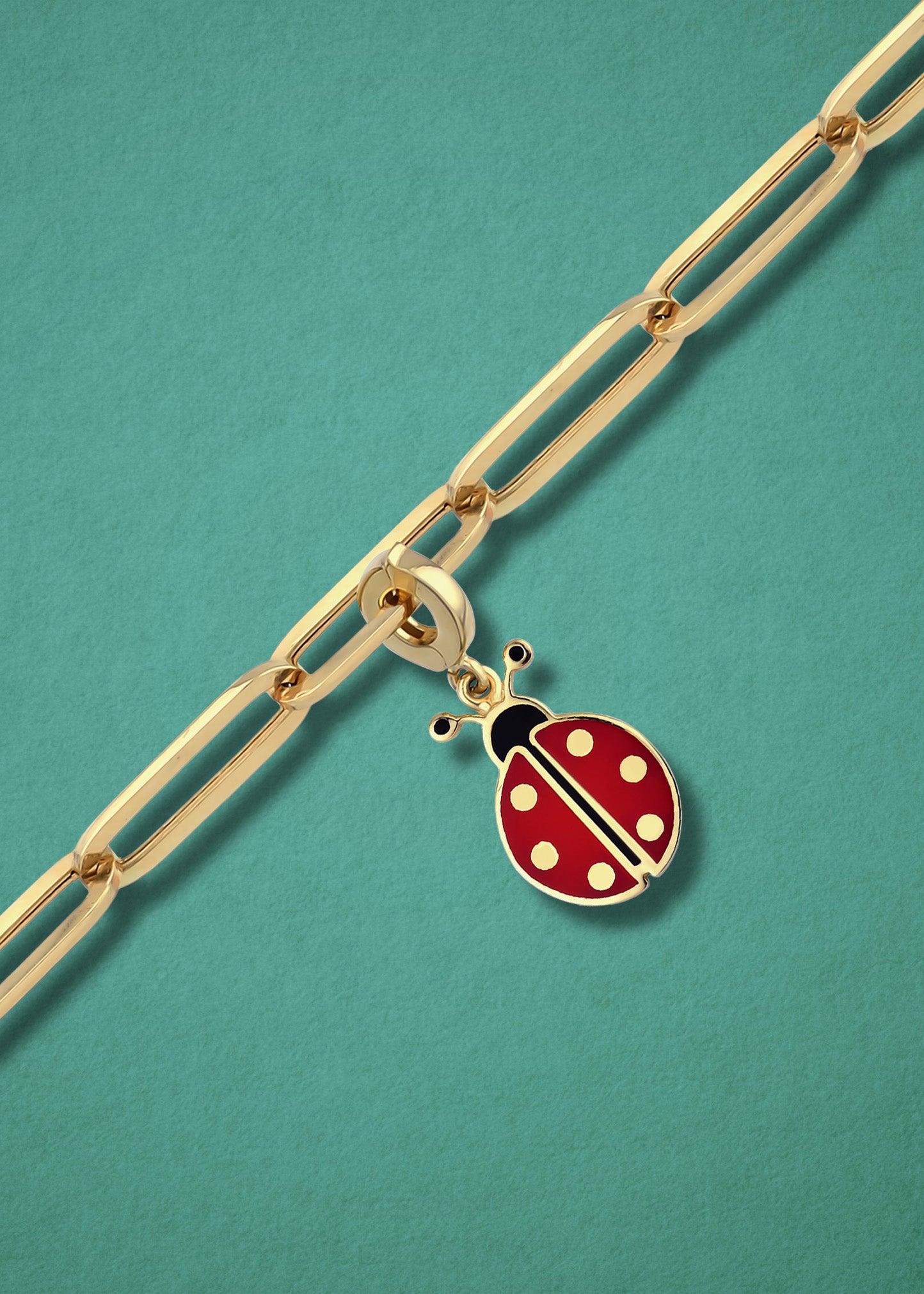 Lucky Ladybird Charm in 14K gold and red enamel on chain, fun ladybird charm necklace by whywhy NYC.