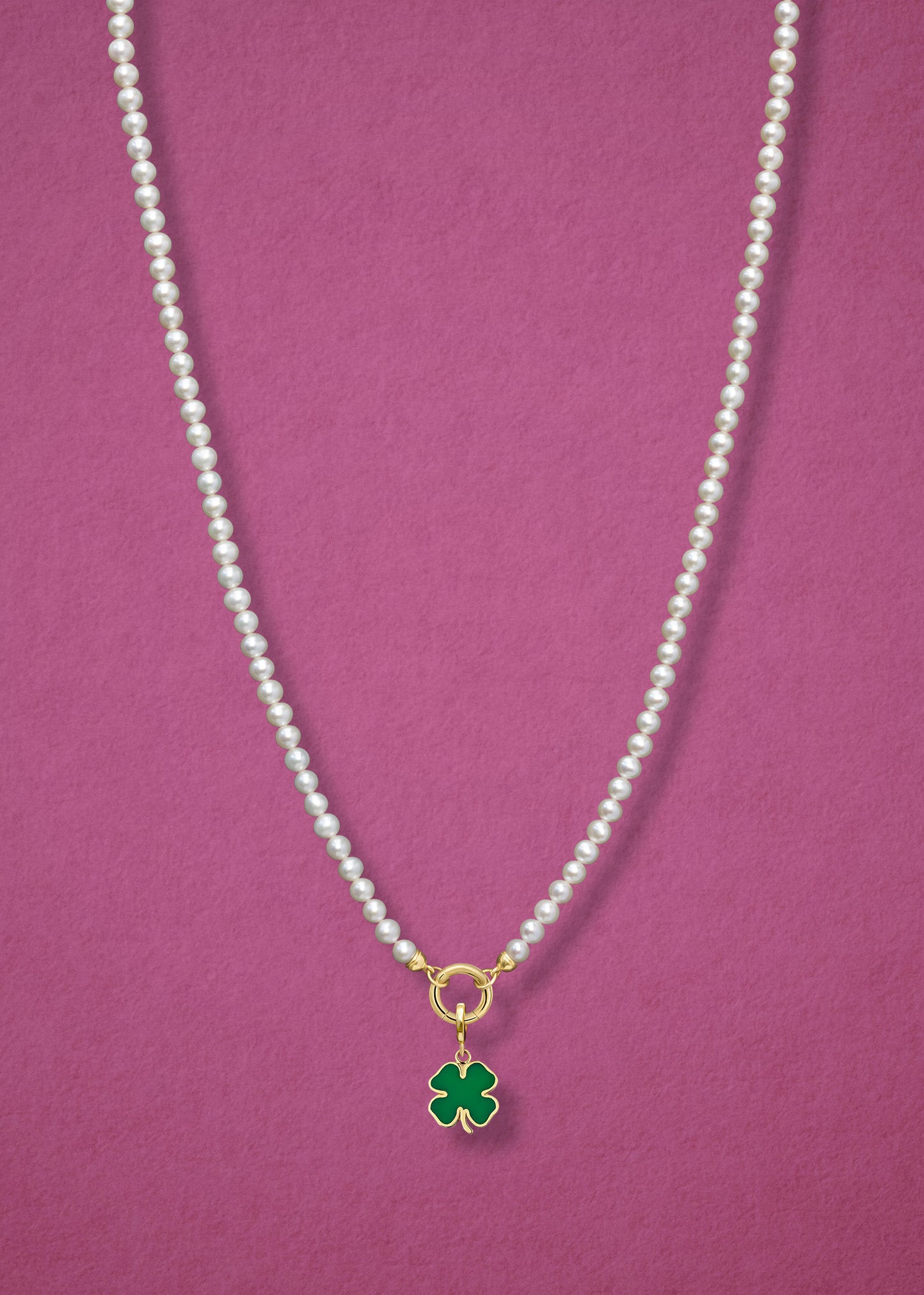 Lustrous Pearl Lucky Clover Charm Necklace in full view, showcasing pearls, a golden link charm holder, and a lucky clover charm in 14K solid gold by whywhy NYC.