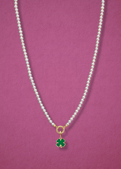 Lustrous Pearl Lucky Clover Charm Necklace in full view, showcasing pearls, a golden link charm holder, and a lucky clover charm in 14K solid gold by whywhy NYC.