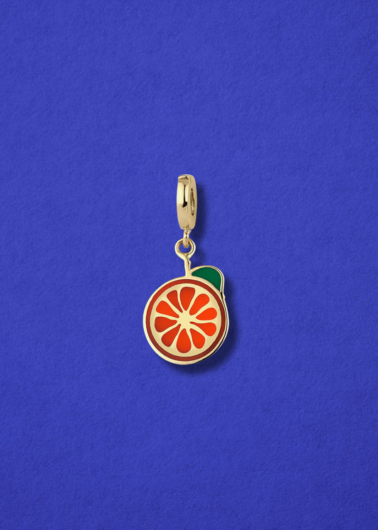 Orange Crush Charm in solid 14K gold with orange enamel, citrus-inspired charm by whywhy NYC for playful jewelry.
