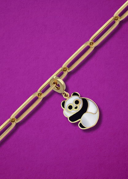 Panda Pals Charm in 14K gold with black and white enamel on the chain, whimsical panda charm necklace by whywhy NYC.