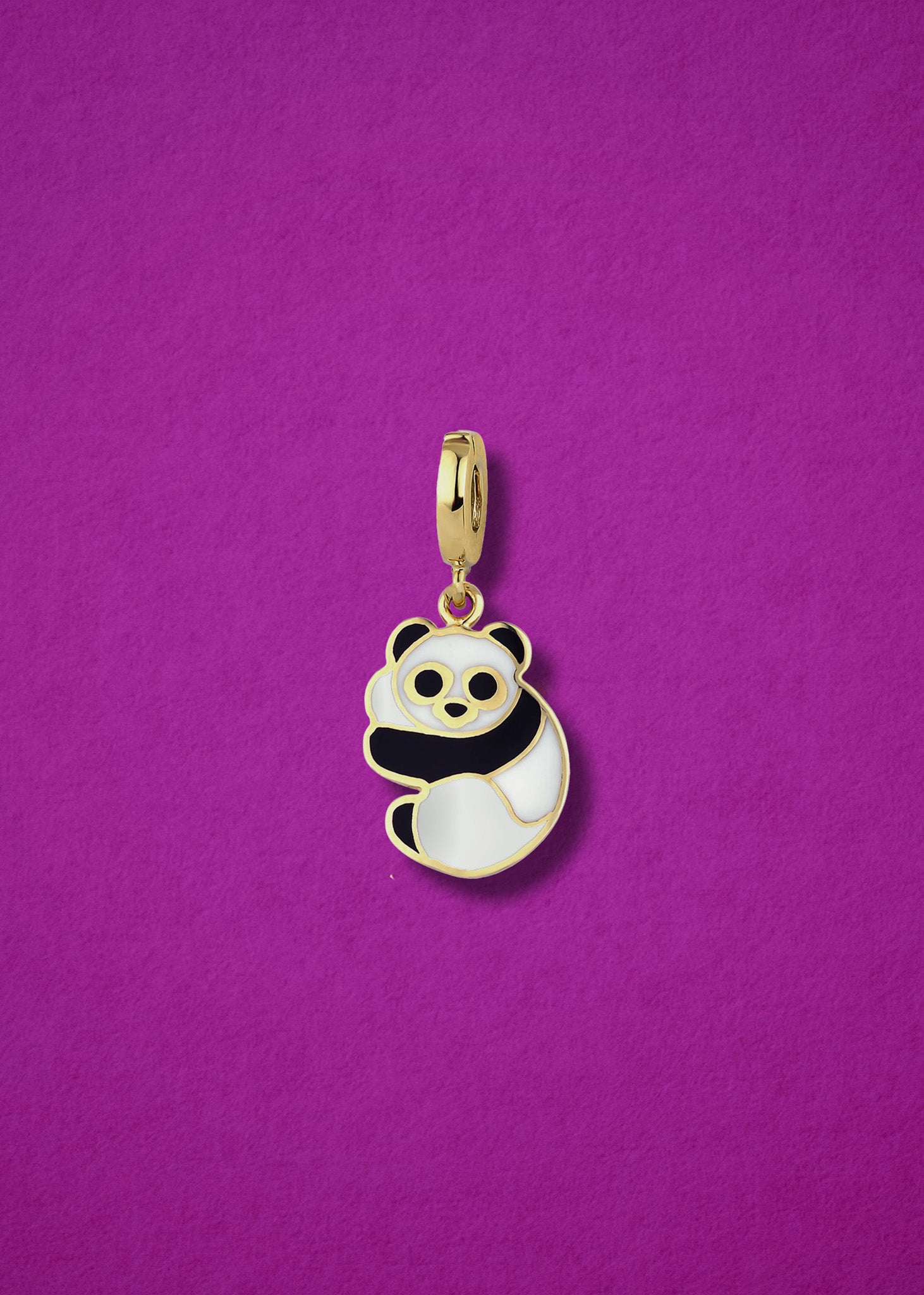 Panda Pals Charm in 14K solid gold with black and white enamel by whywhy NYC, playful panda charm for bold jewelry collections.