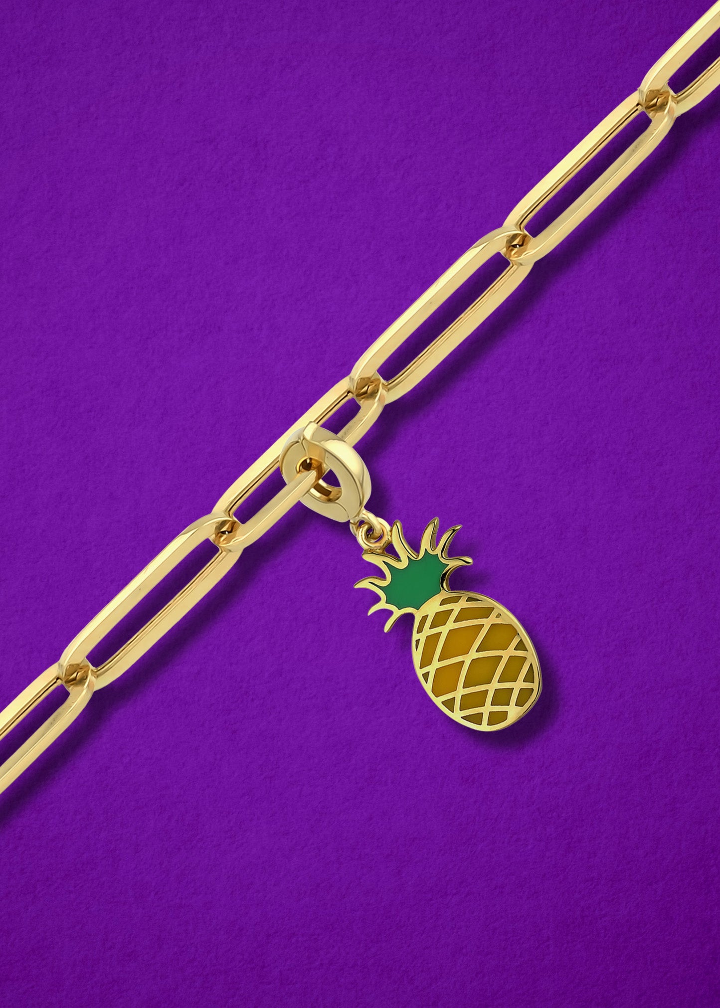 Pineapple Paradise Charm in 14K gold and yellow enamel on a chain, exotic pineapple charm necklace by whywhy NYC.