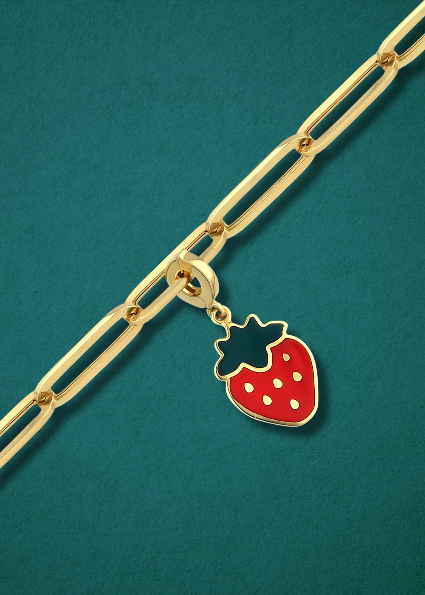 Sweet Strawberry Delight Charm in 14K gold and red enamel on chain, bold strawberry charm necklace by whywhy NYC.
