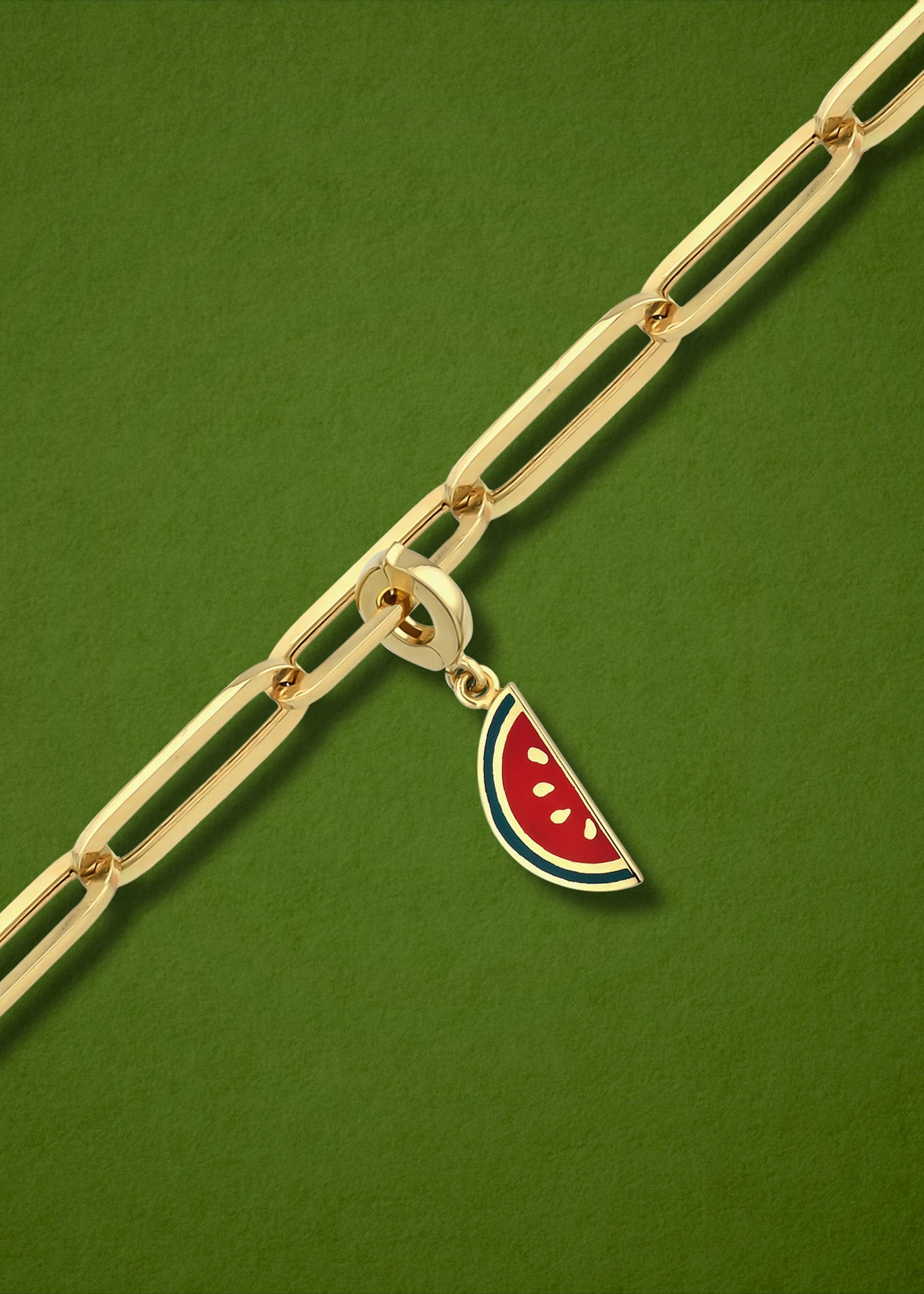 Watermelon Wonder Charm in 14K gold with colorful enamel on chain, watermelon charm necklace by whywhy NYC.