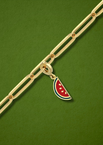 Watermelon Wonder Charm in 14K gold with colorful enamel on chain, watermelon charm necklace by whywhy NYC.