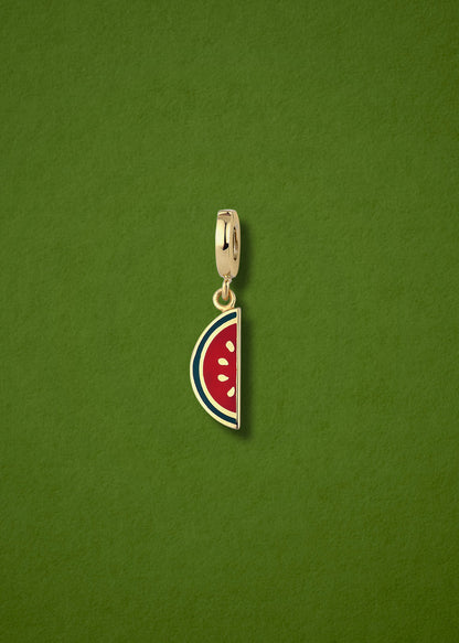 Watermelon Wonder Charm in 14K solid gold with green and red enamel by whywhy NYC, fun fruit charm for bold style.