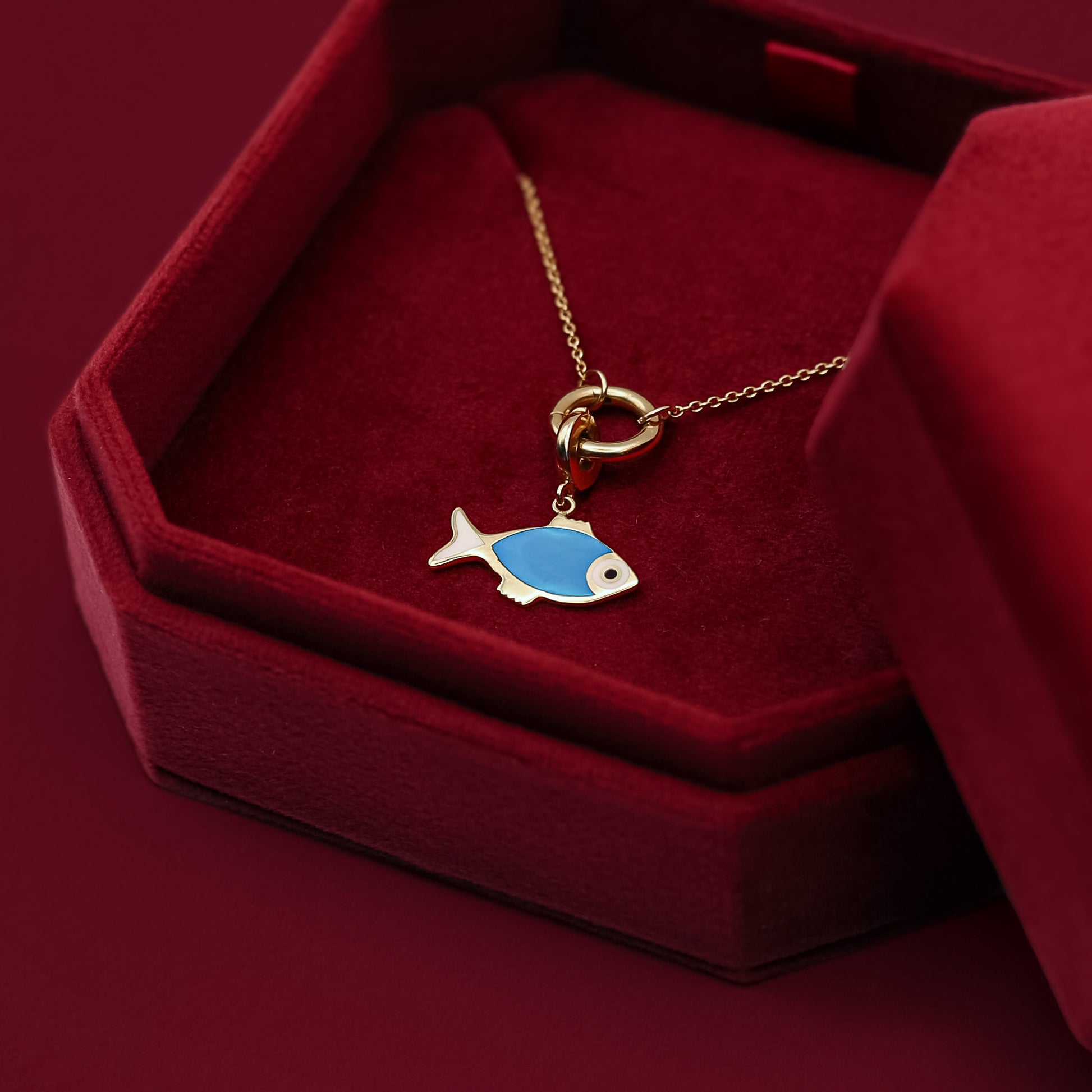 ceramic box in fish shape with necklace inside Fishy Wishes Charm