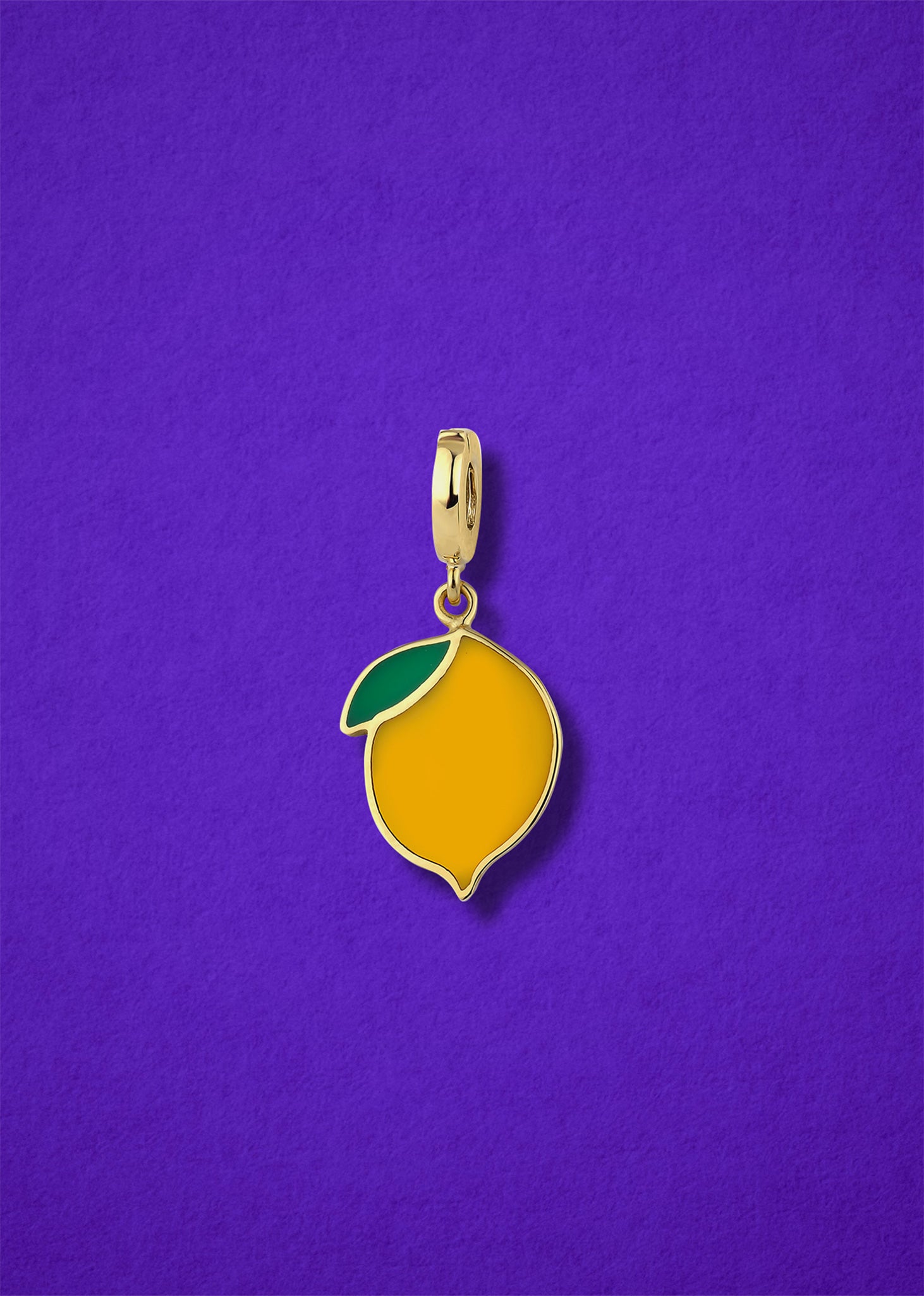 Zesty Lemon Zing Charm in 14K solid gold with yellow enamel by whywhy NYC, bold citrus charm for unique jewelry.