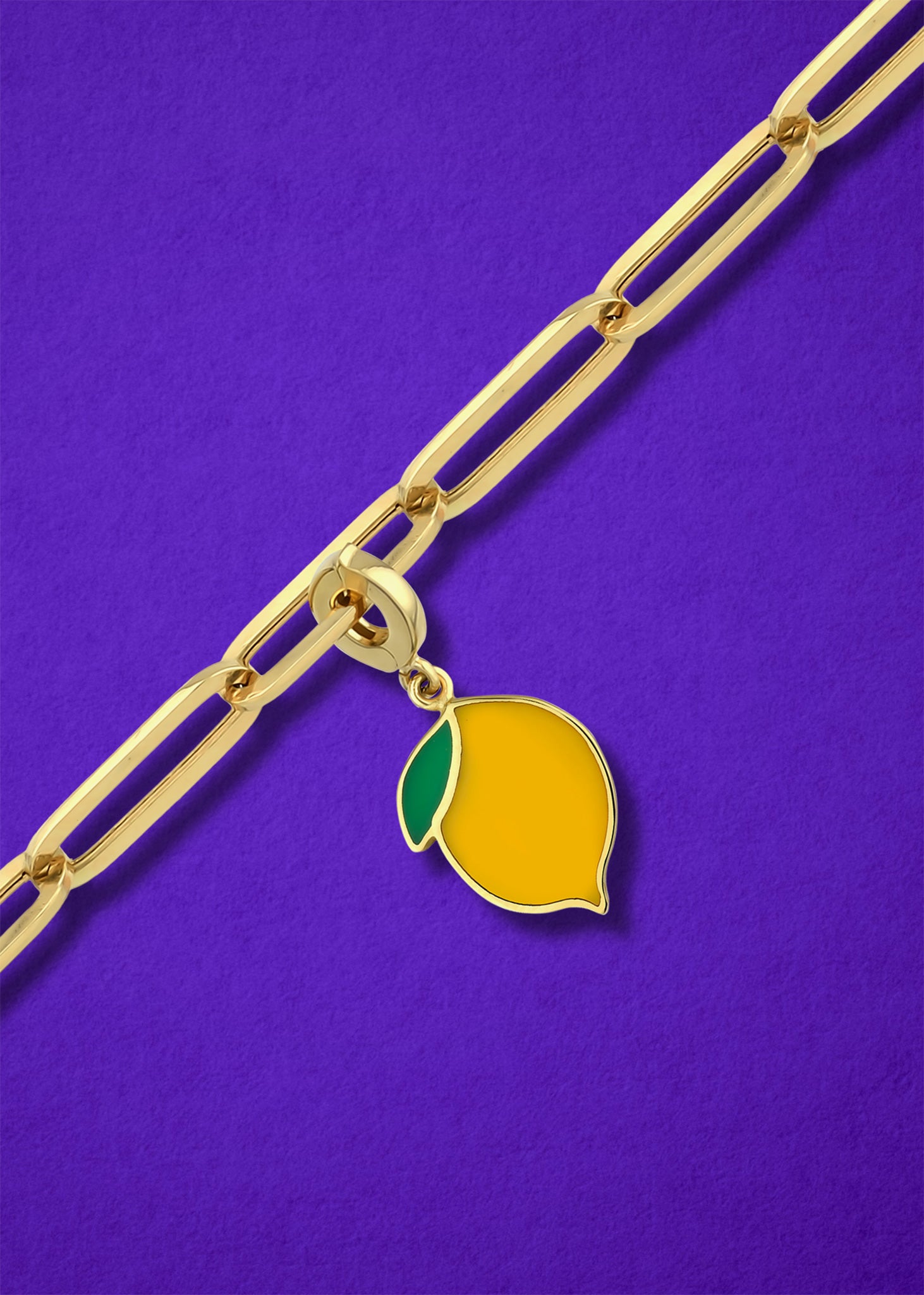 Zesty Lemon Zing Charm in 14K gold and yellow enamel on chain, lemon-inspired charm necklace by whywhy NYC.